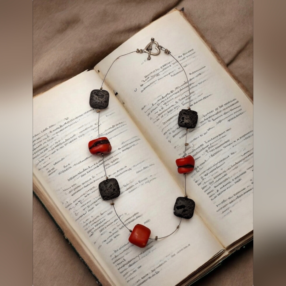 Handmade Natural Red Coral and Black Lava Stone Statement Necklace